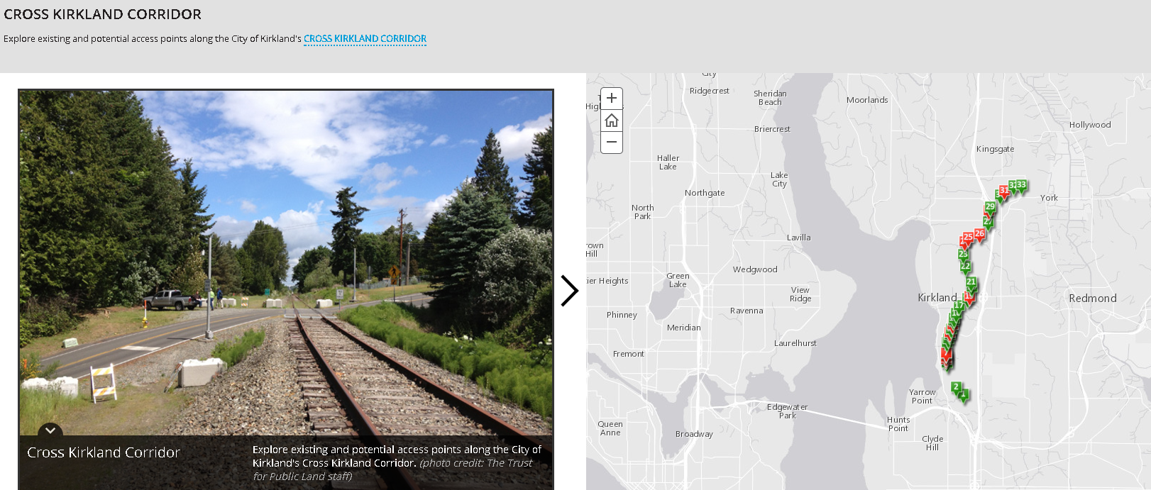 A story map of the Cross Kirkland Corridor showing current and potential access points.